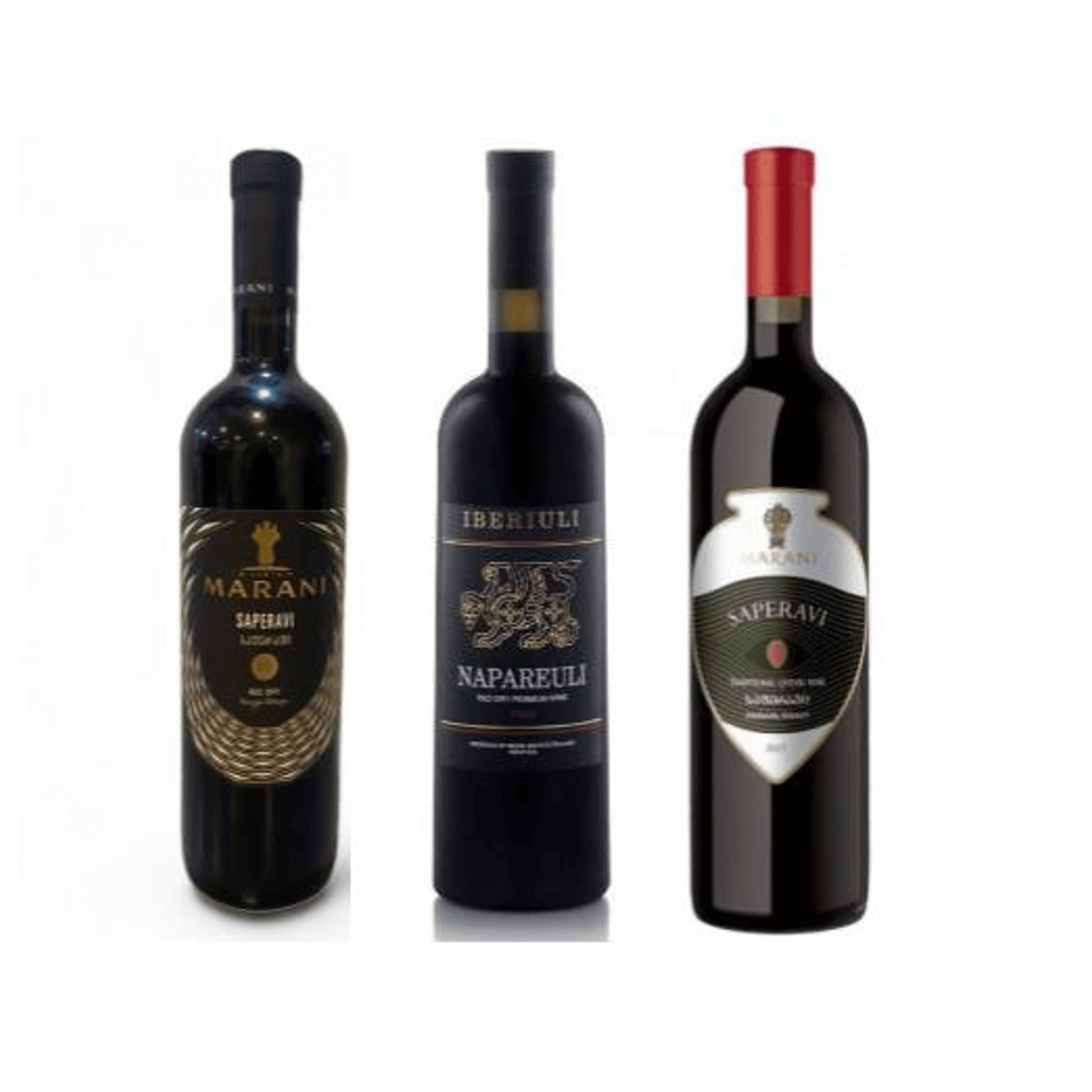 Georgian Red Wine Tasting Trio featuring three premium red wine bottles in elegant gift packaging