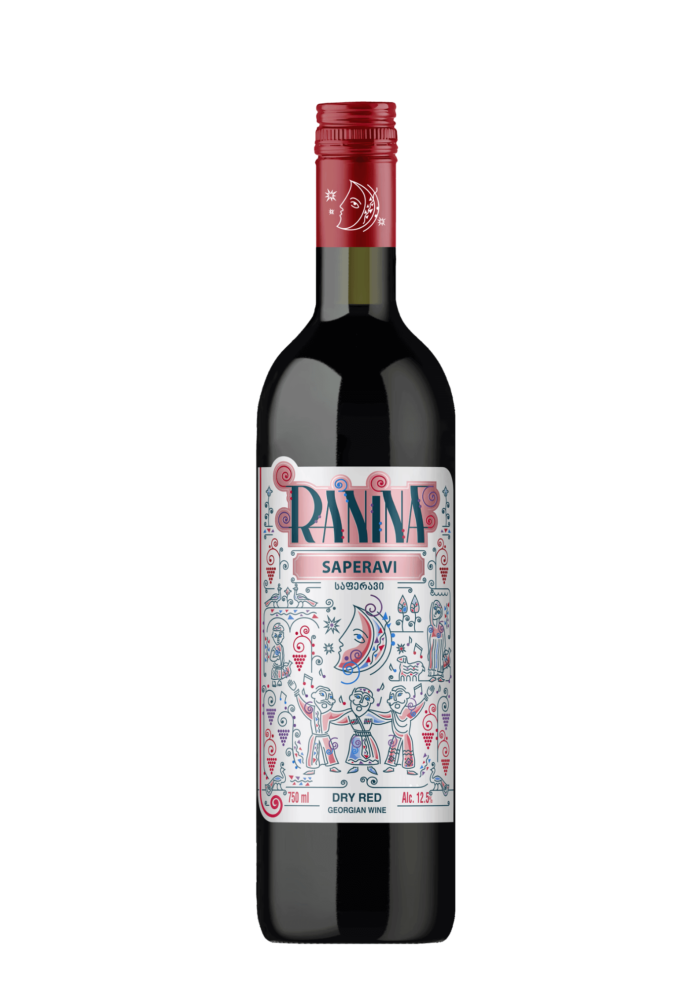 Ranina Saperavi 2023 Georgian red wine bottle with deep ruby color and traditional Dugladze vineyard branding