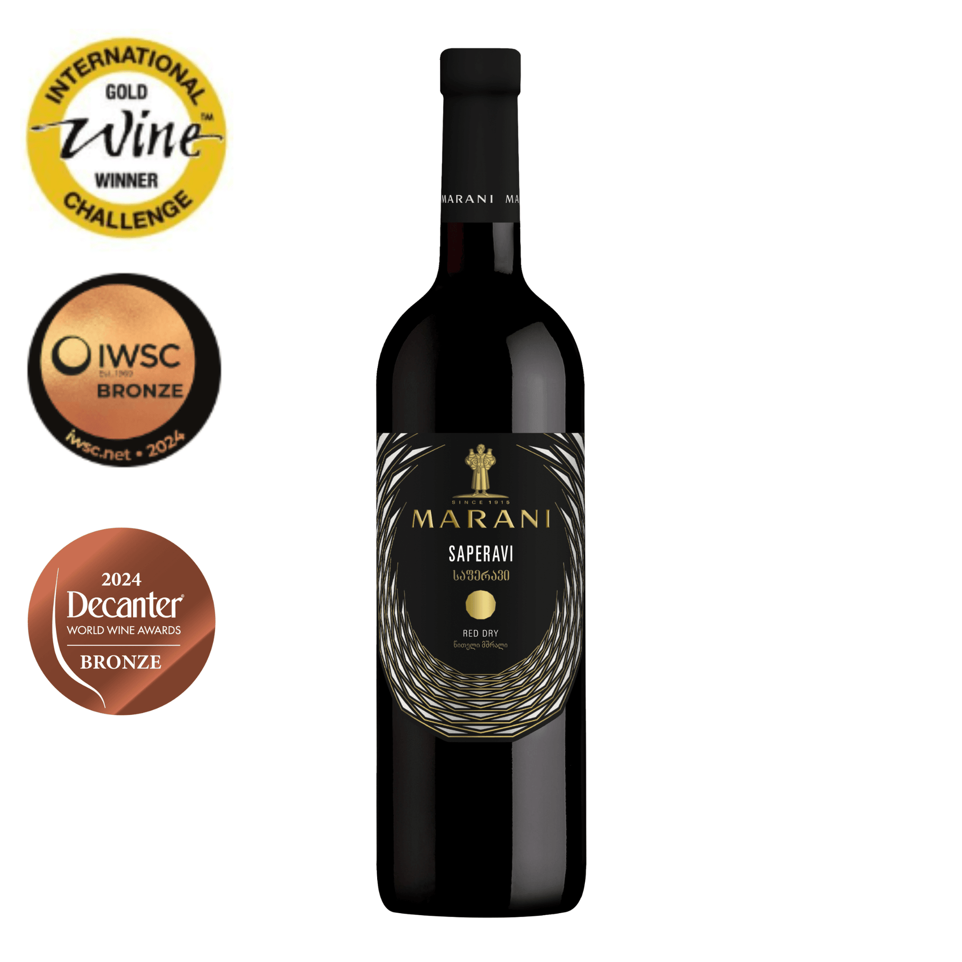 Georgian Saperavi 2021 award-winning red wine bottle with Marani winery label and premium vintage branding