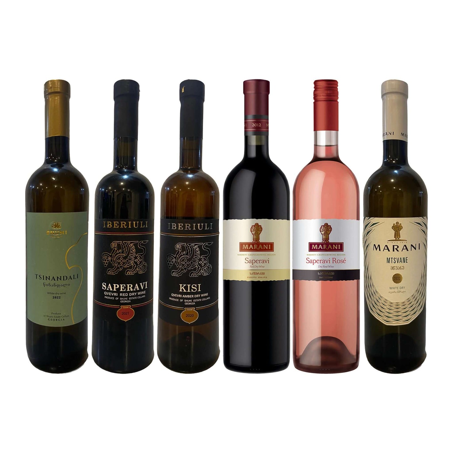 Mixed Georgian Tasting Case with six assorted wine bottles including reds and whites in gift packaging