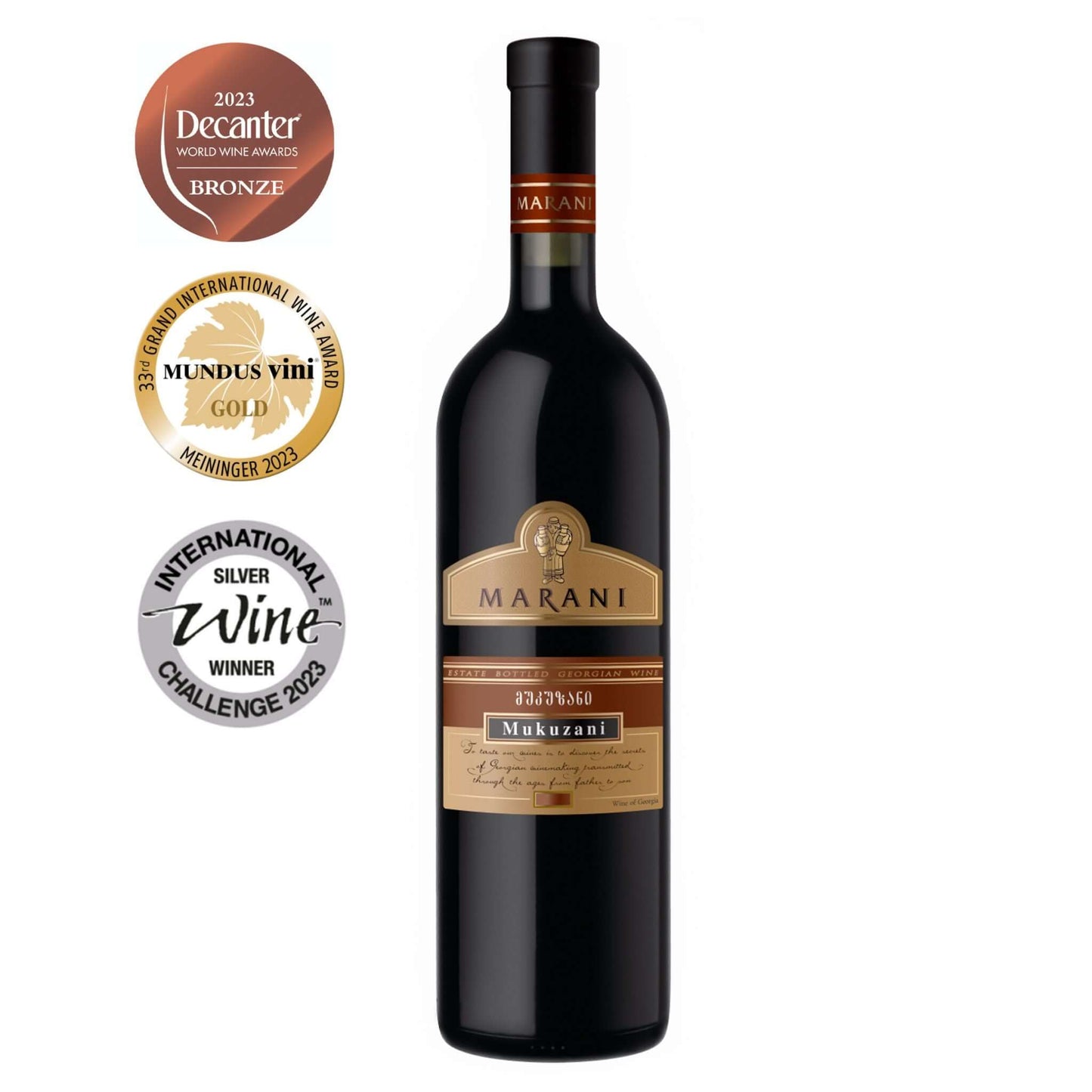 Mukuzani 2019 Georgian red wine bottle with Marani winery label and premium Mukuzani appellation branding