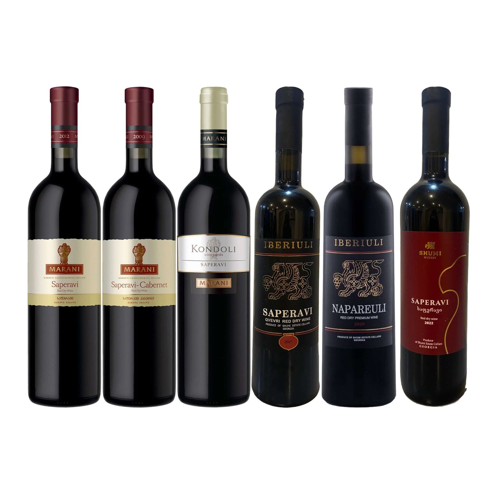 Georgian Red Wine Tasting Case with six premium red wine bottles arranged in gift box packaging