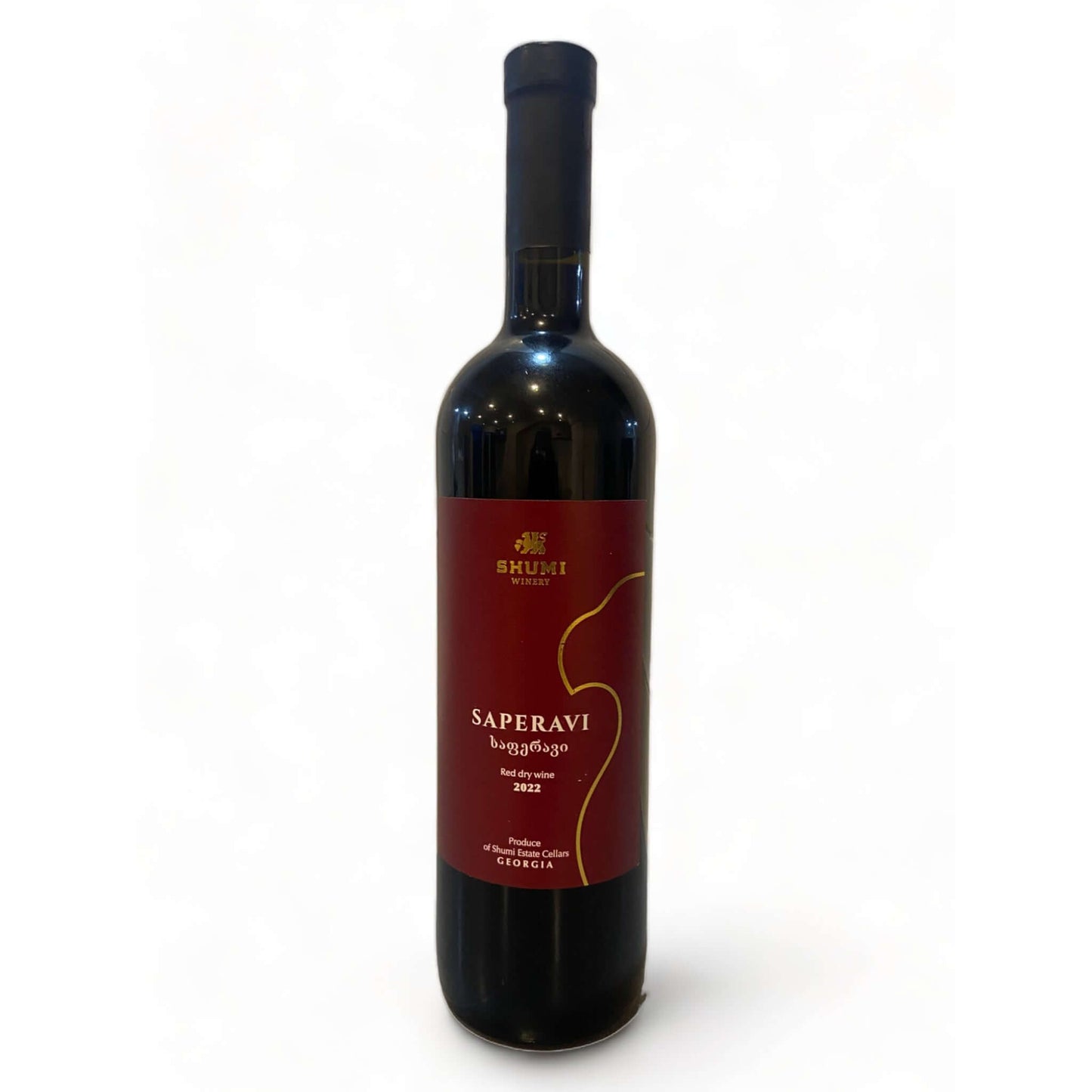 Saperavi 2022 Georgian red wine bottle with Shumi winery label featuring traditional Saperavi grape variety