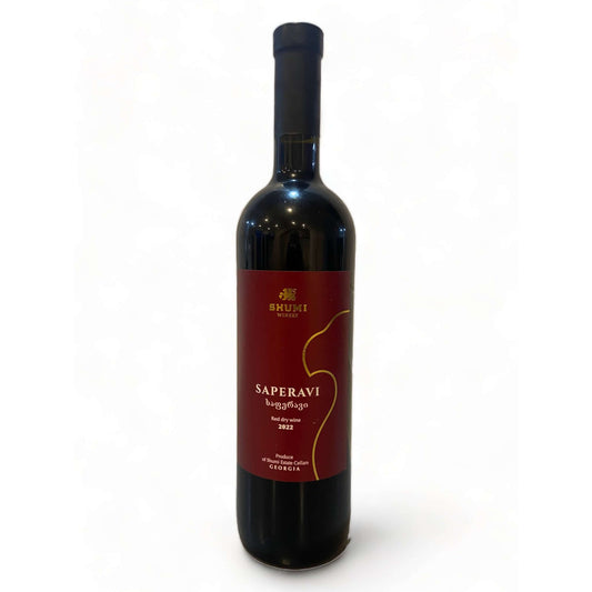 Saperavi 2022 Georgian red wine bottle with Shumi winery label featuring traditional Saperavi grape variety