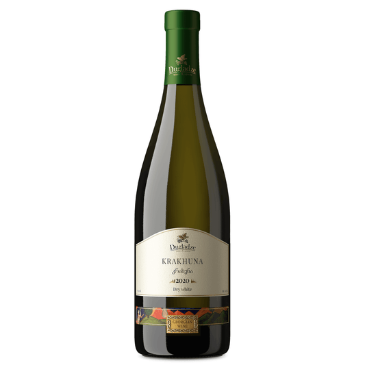 Dugladze Krakhuna 2022 Georgian white wine bottle with traditional qvevri method label and golden wine color